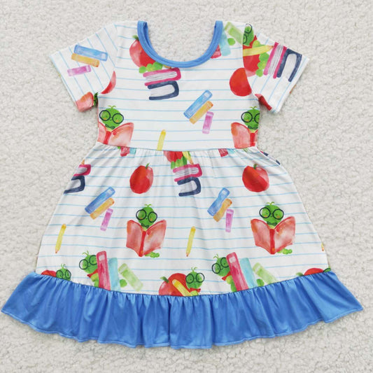 GSD0333 Short Sleeve Back To School Books Blue Ruffles Baby Girls Dress