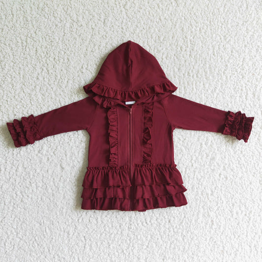 GT0014 Wine Red Cotton Ruffles Baby Cardigan Coat