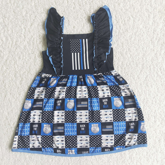 Blue And Black Flutter Sleeve Flag Girls Dress