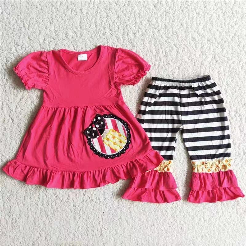 Hot Pink Ruffles Shorts Sleeve Embroidery Cotton Dress Back To School Girls Outfits