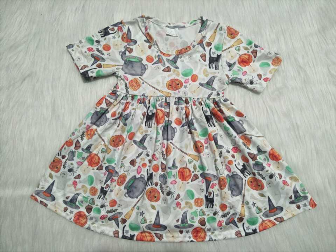 A3-24 Baby Girls Short Sleeve Fall Pumpkin Print Twirl Dress