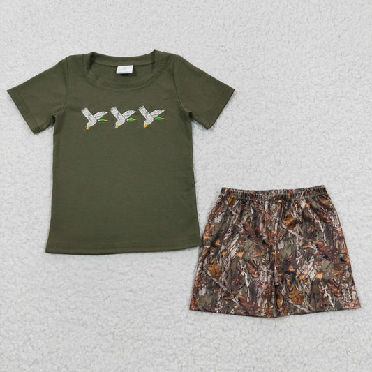 BSSO0238 Green Short Sleeve Embroidery Mallard Duck Boys Set