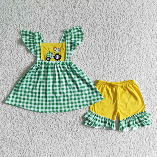 GSSO0056 Farm Embroidery Green Plaid Print Summer Set
