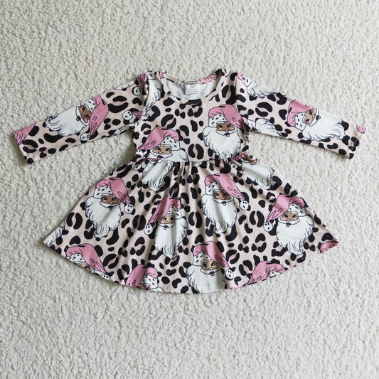 GLD0112 Pink Christmas Santa Leopard Long Sleeve Girls Dress