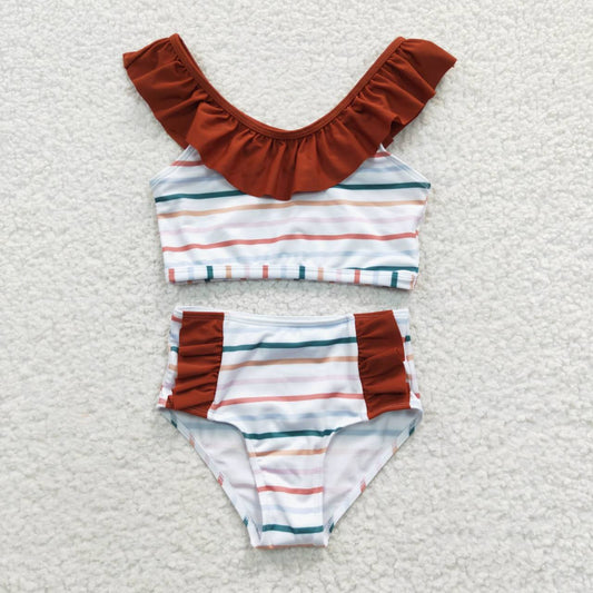 S0082 Brown Ruffles Striped Print Girls Bathing Suits Swimsuits