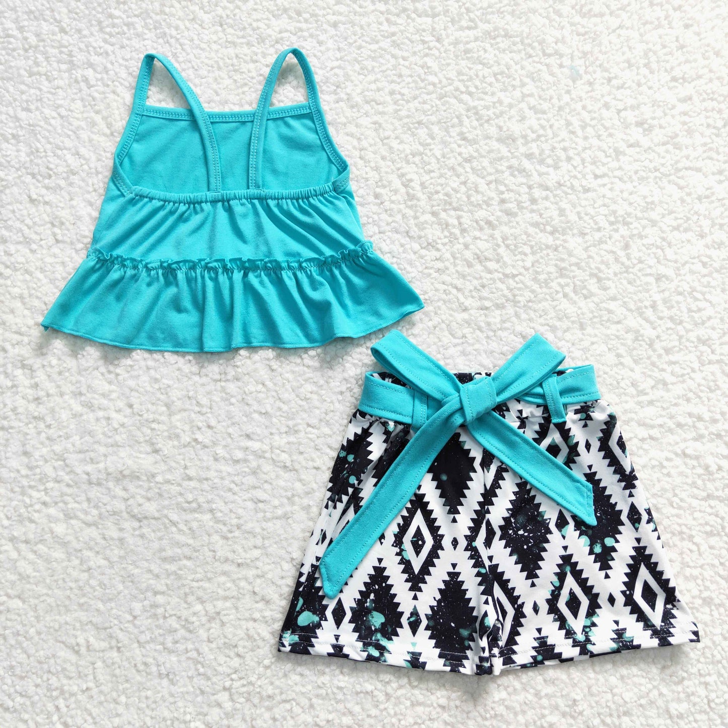 GSSO0201 Turquoise Blue Summer Sleeveless Aztec Style Baby Girls Set