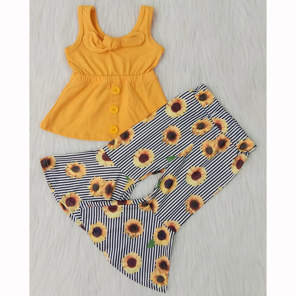 Yellow Sleeveless Sunflower Striped Print Girls Set