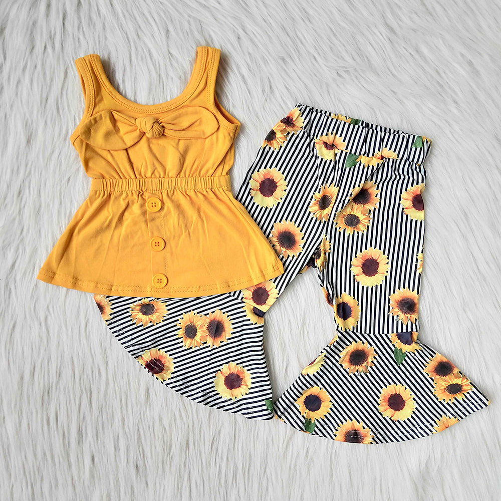 Yellow Sleeveless Sunflower Striped Print Girls Set