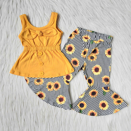 Yellow Sleeveless Sunflower Striped Print Girls Set