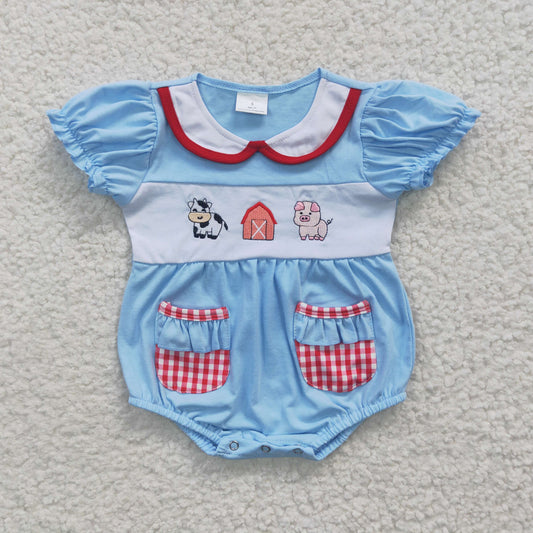 USA SHOP SR0263 Farm Cow Blue Baby Girls Embroidery Romper
