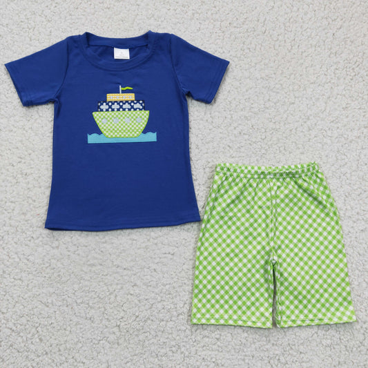 BSSO0097 Blue Cotton Ship Green Shorts Boys Set