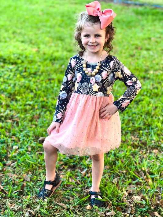 GLD0125 Happy New Year Star Fireworks Long Sleeve Girls Tutu Dress
