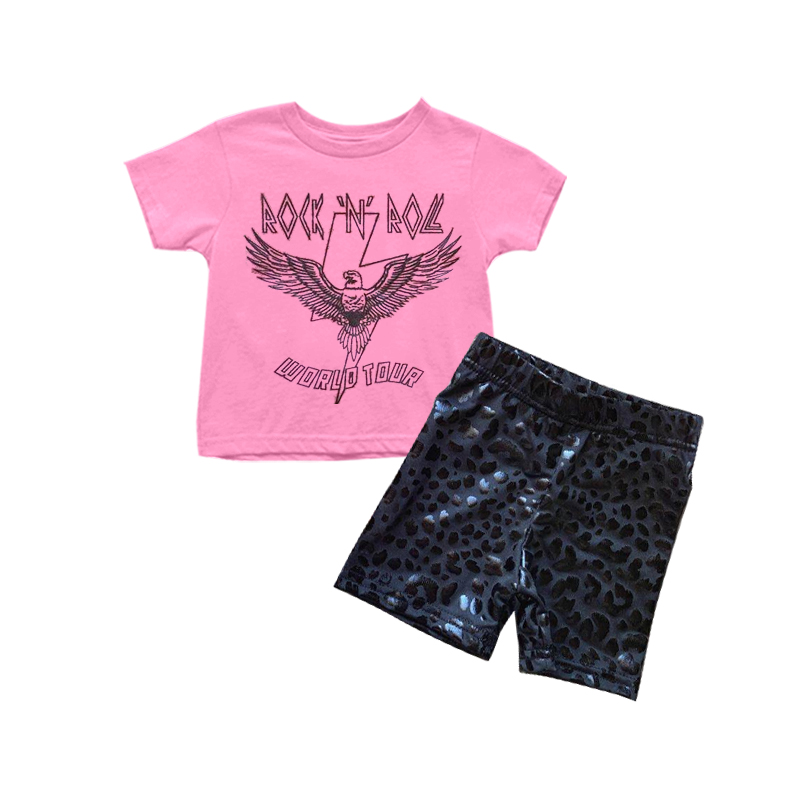 GSSO0316 Pink Short Sleeve World Black Leopard Print Shorts Girl Set