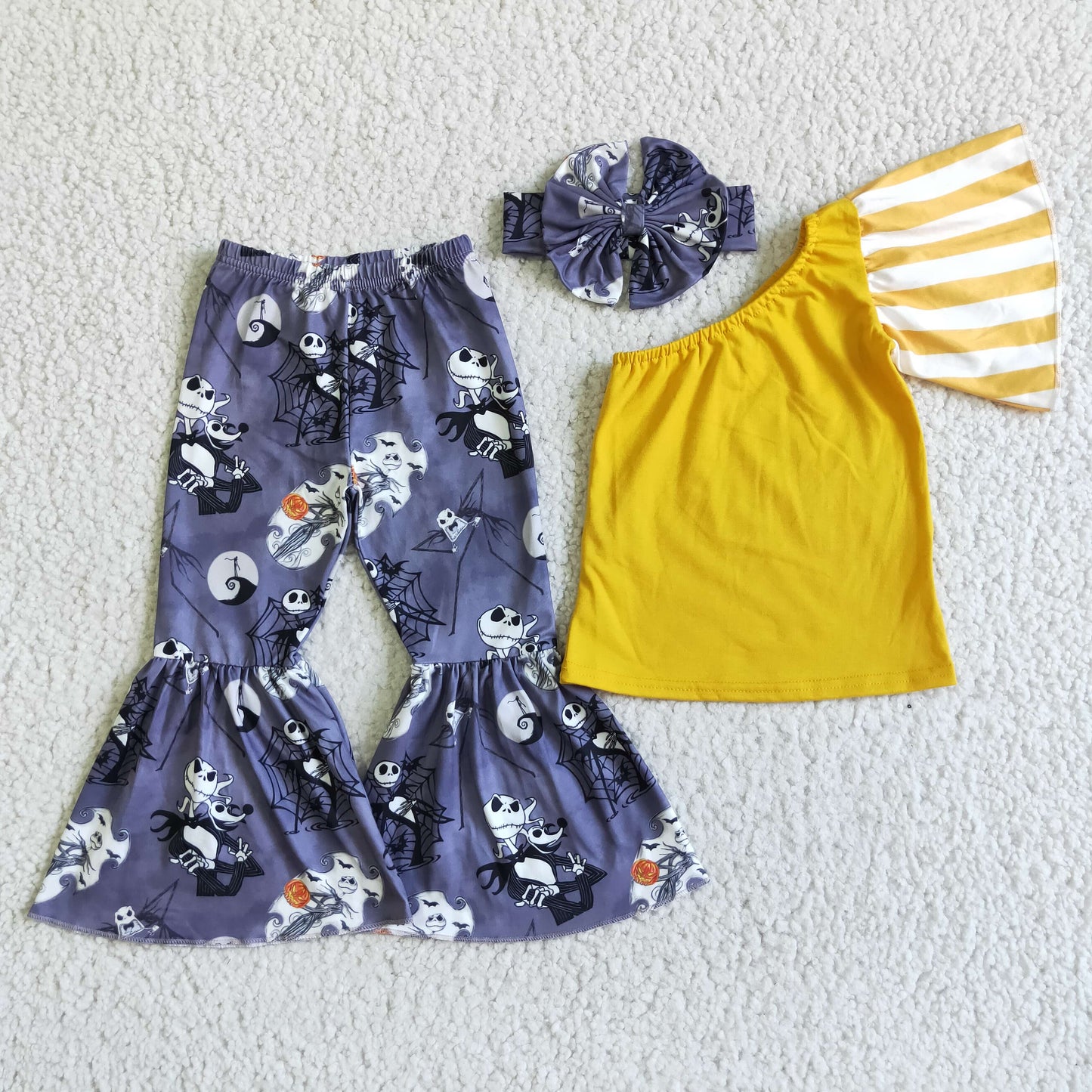 GSPO0138 Halloween Yellow Striped Print With Bow Girls Outfits
