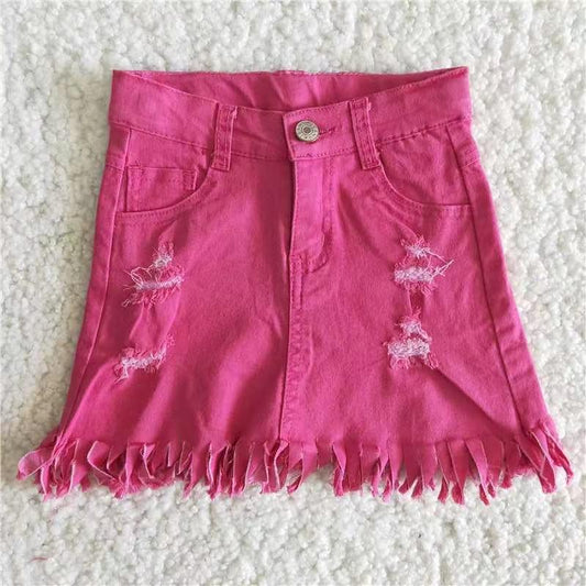 Hot Pink Denim Tassels Baby Girls Casual Skirt