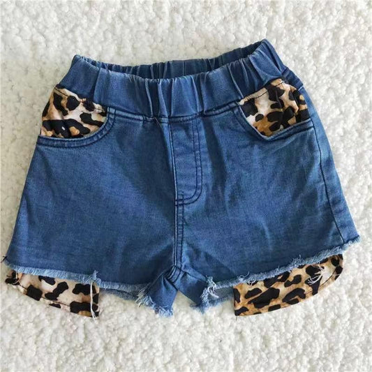 Summer Leopard Print Pockets Short Sleeve Denim Jeans