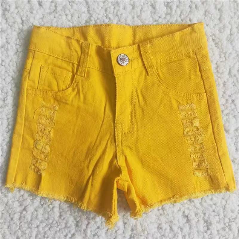 Yellow Solid Color Short Denim Jeans