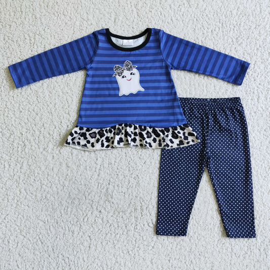 GLP0140 Halloween Ghost Embroidery Blue Striped Print Girls Set