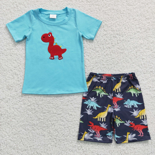 BSSO0184 Blue Short Sleeve Red Dinosaur Boys Shorts Summer Embroidery Set