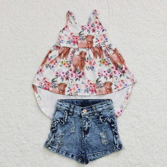 GSSO0261 Heifer Flower Highland Cow Baby Girls Denim Shorts Jeans