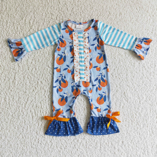 LR0172 Fall Blue Striped Print Orange Romper