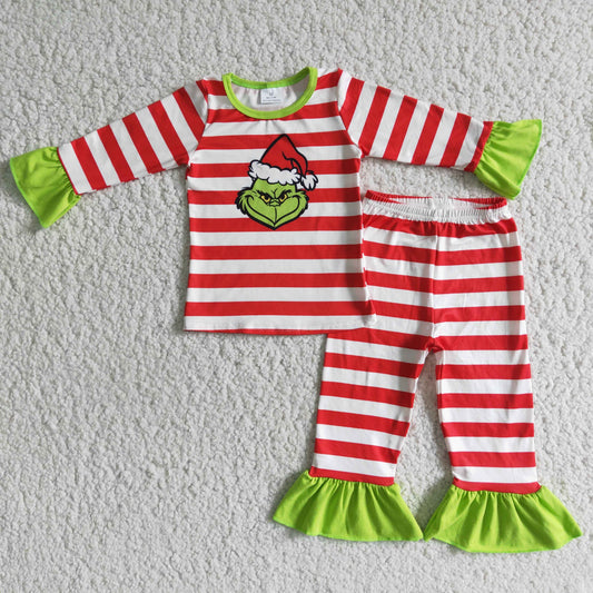 Green Striped Print Cartoon Pajamas