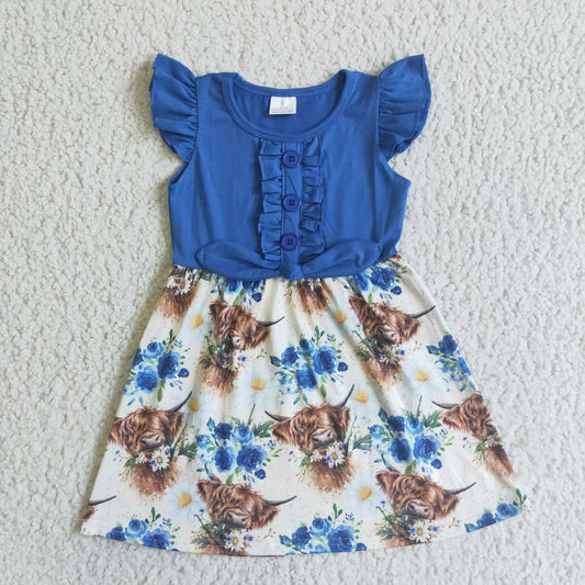 GSD0124 Blue Flower Highland Cow Baby Dress