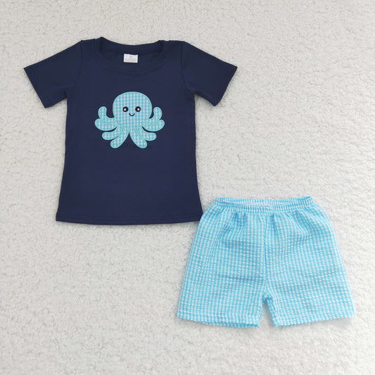 BSSO0088 Navy Octopus Embroidery Summer Boys Set
