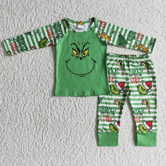 BLP0085 Christmas Green Striped Print Boys Pajamas