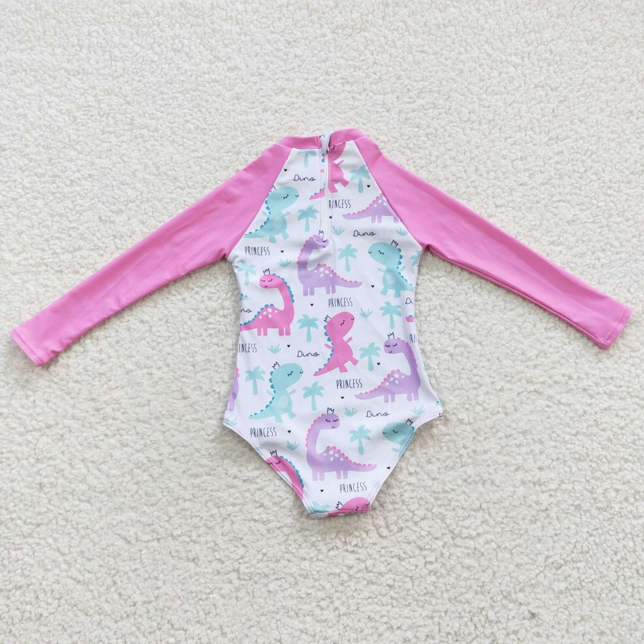 S0076 Pink Dinosaur Girls Long Sleeve Bathing Suits Swimsuits