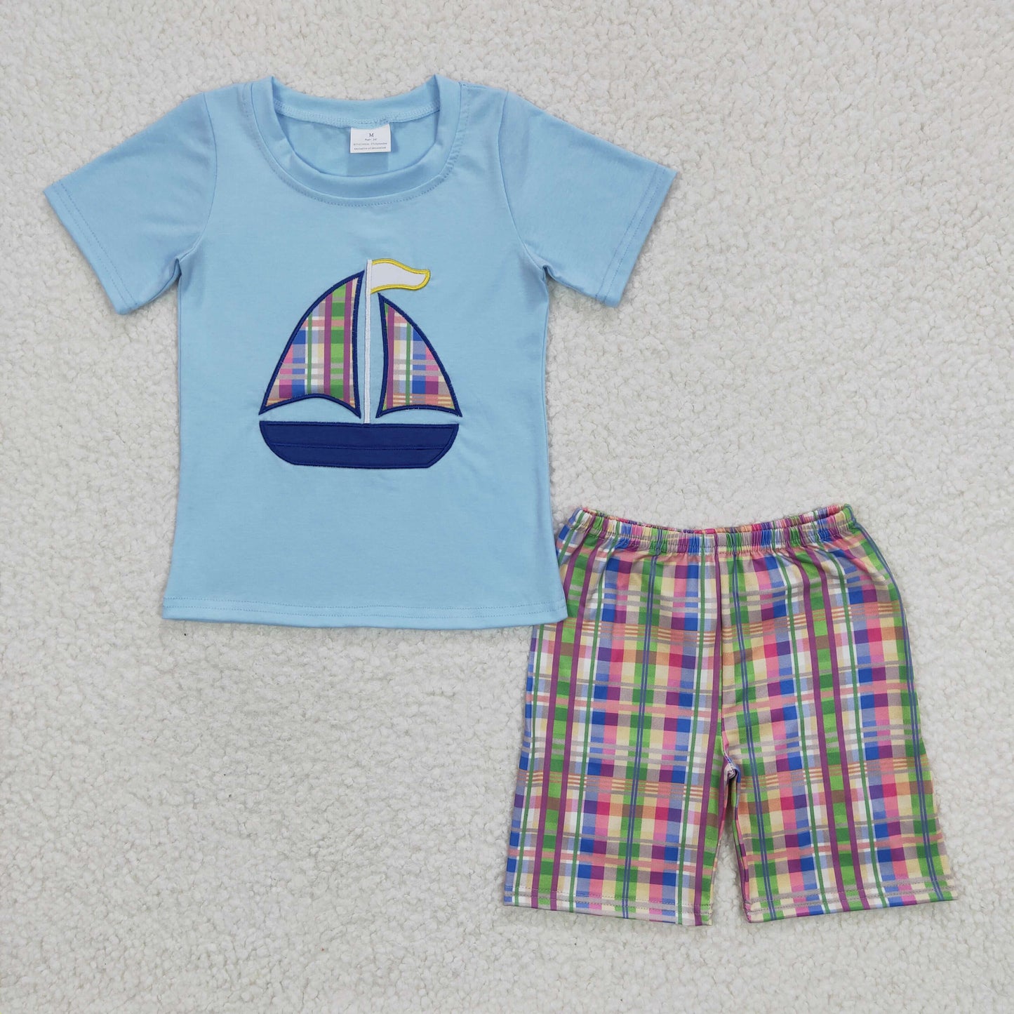 BSSO0127 Summer Blue Sailing Embroidery Boys Plaid Shorts Kids Set