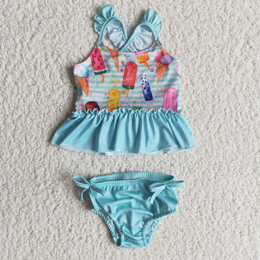 Summer Ice Print Blue Striped Bathing Suits Swimsuits