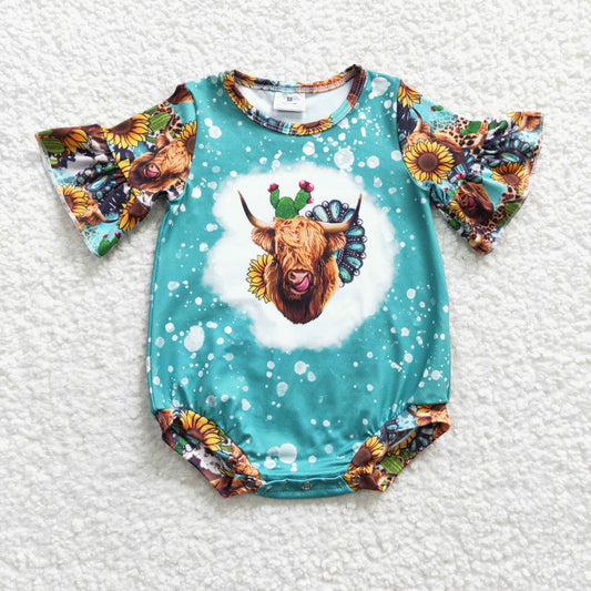 SR0126 Aztec Sunflower Heifer Short Sleeve Highland Cow Kids Romper