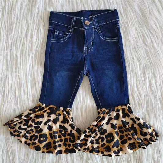 Dark Blue Leopard Print Bell-bottom Girls Cool Denim Jeans