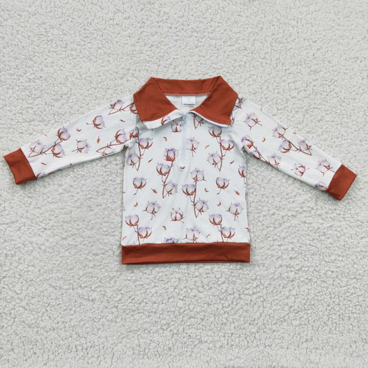 BT0096 Brown Cotton Print Zipper Boys Long Sleeve Pullover