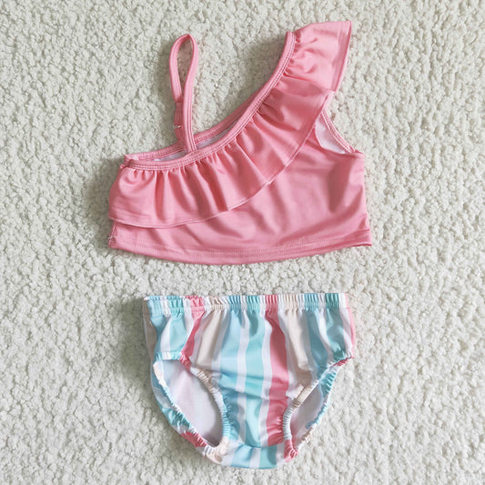 S0021 Pink Striped Casual Kids Bathing Suits Swimsuits