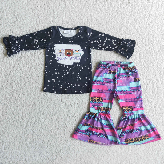 Fall/Winter Black Bleach Design Cartoon Colorful Print Bell-bottom pants Kids Clothing