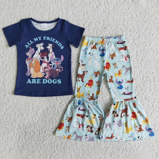 Cartoon Dog Print Short Sleeve Girls Outfits