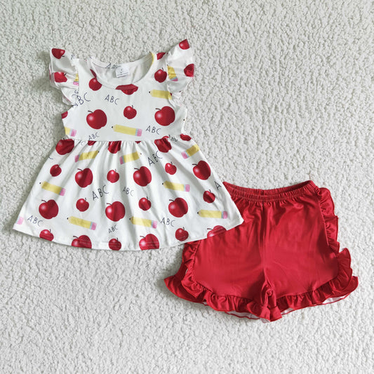 GSSO0121 Back to school Apple Red Shorts Girls Set