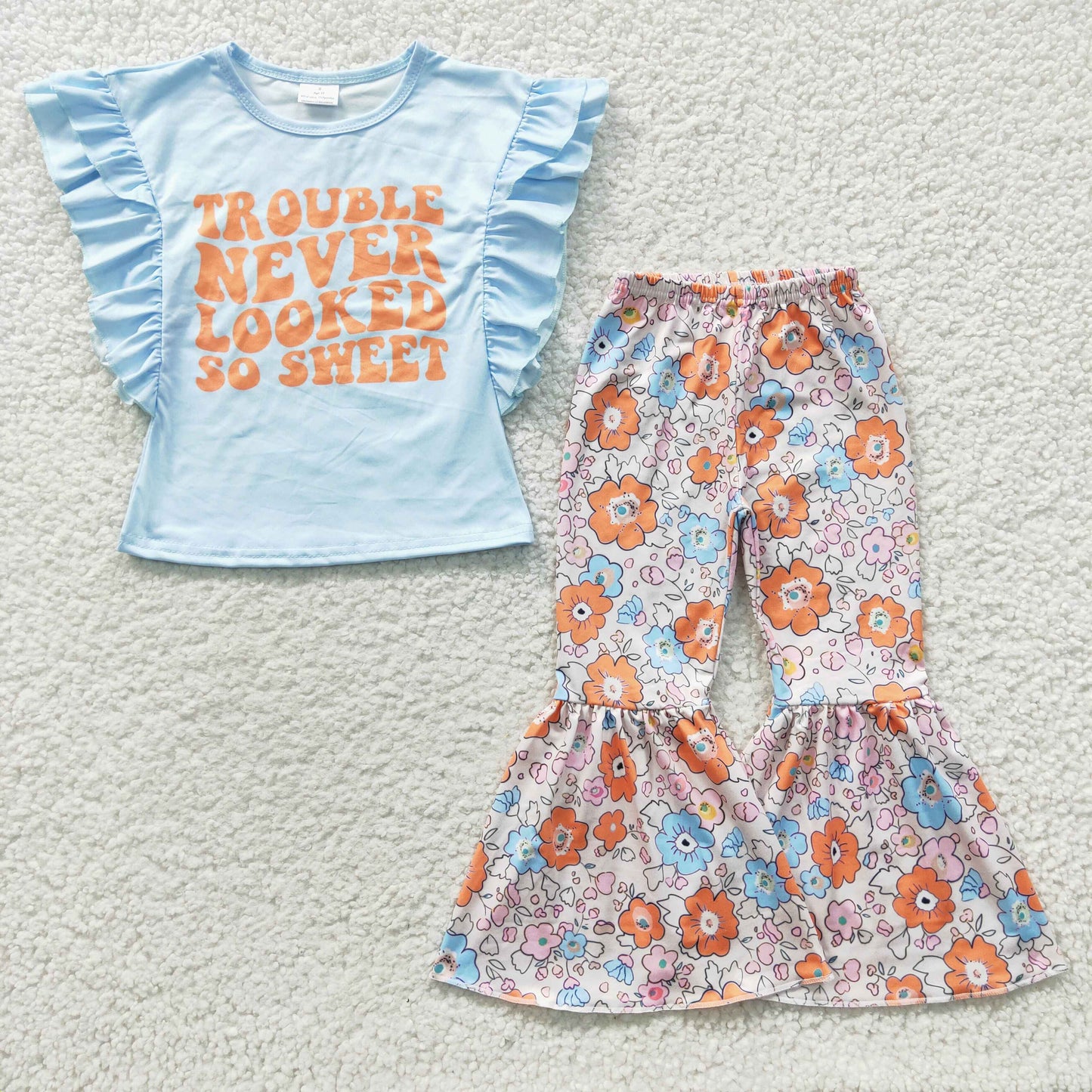GSPO0539 Trouble Never Looked So Sweet Blue Ruffle Sleeve Floral Print Pants Kids Set