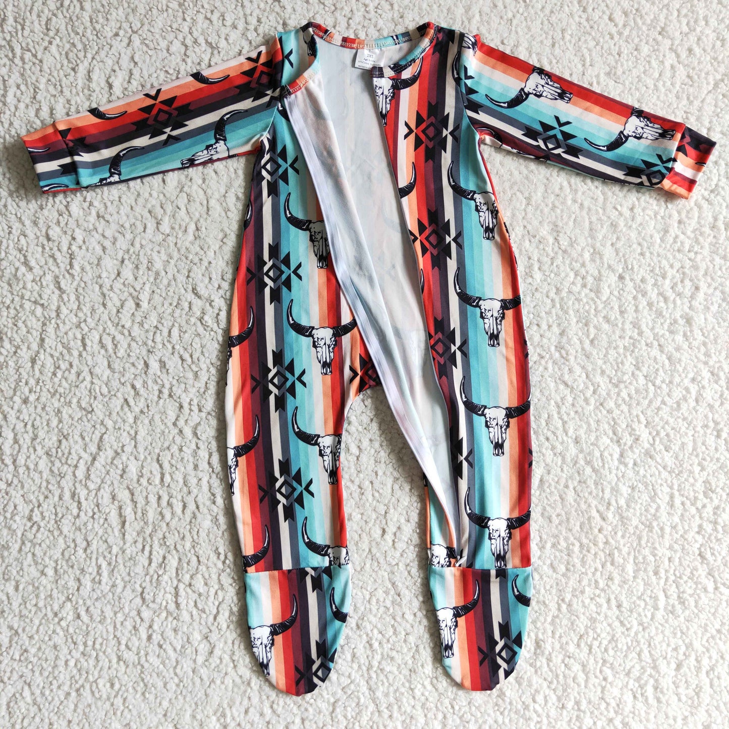 LR0169 Western Cow Skull Tie Dye Zipper Long Sleeve Romper