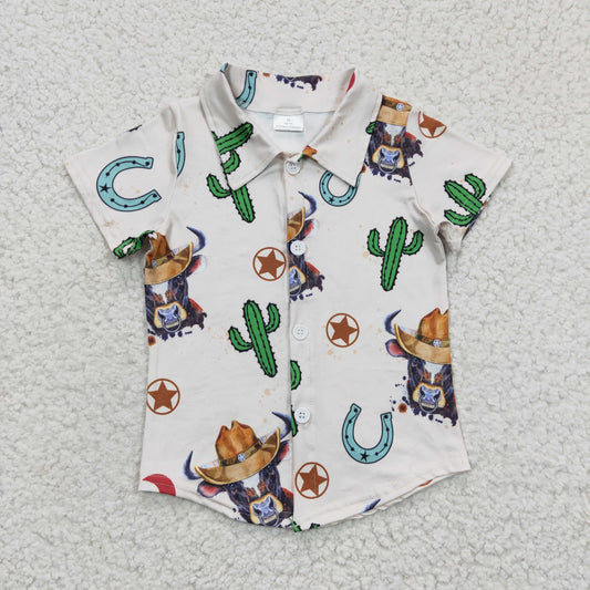 BT0214 Western Cactus Cow Short Sleeve Boys Shirts