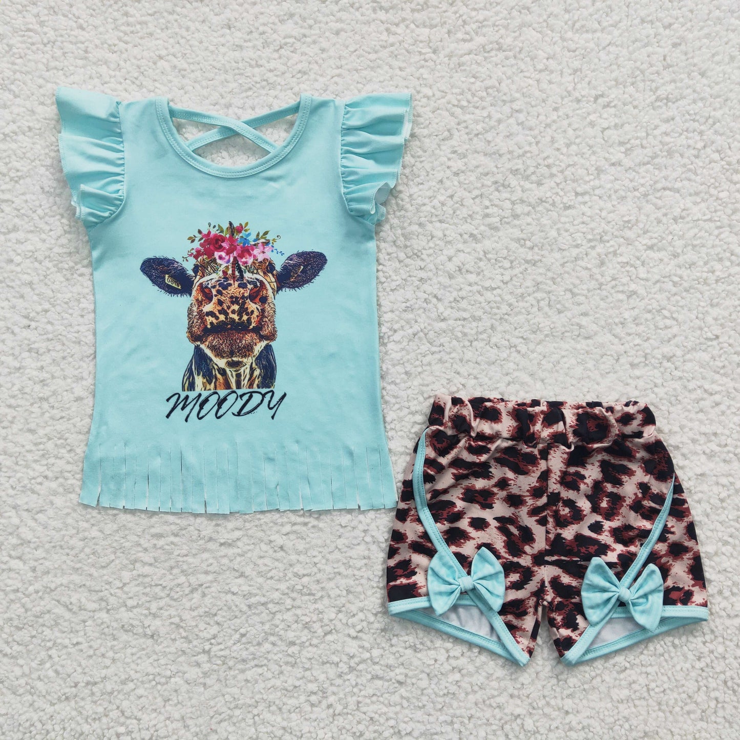 GSSO0197 Moody Blue Flutter Sleeve Leopard Print Shorts Girls Set