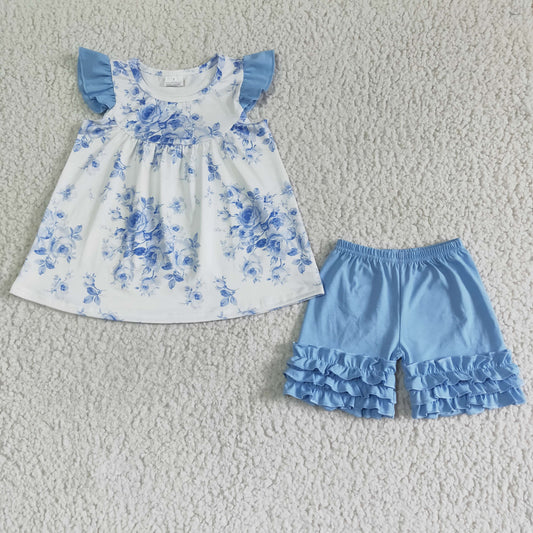 A14-9 Blue Floral Print Flutter Sleeve Baby Girls Outfits