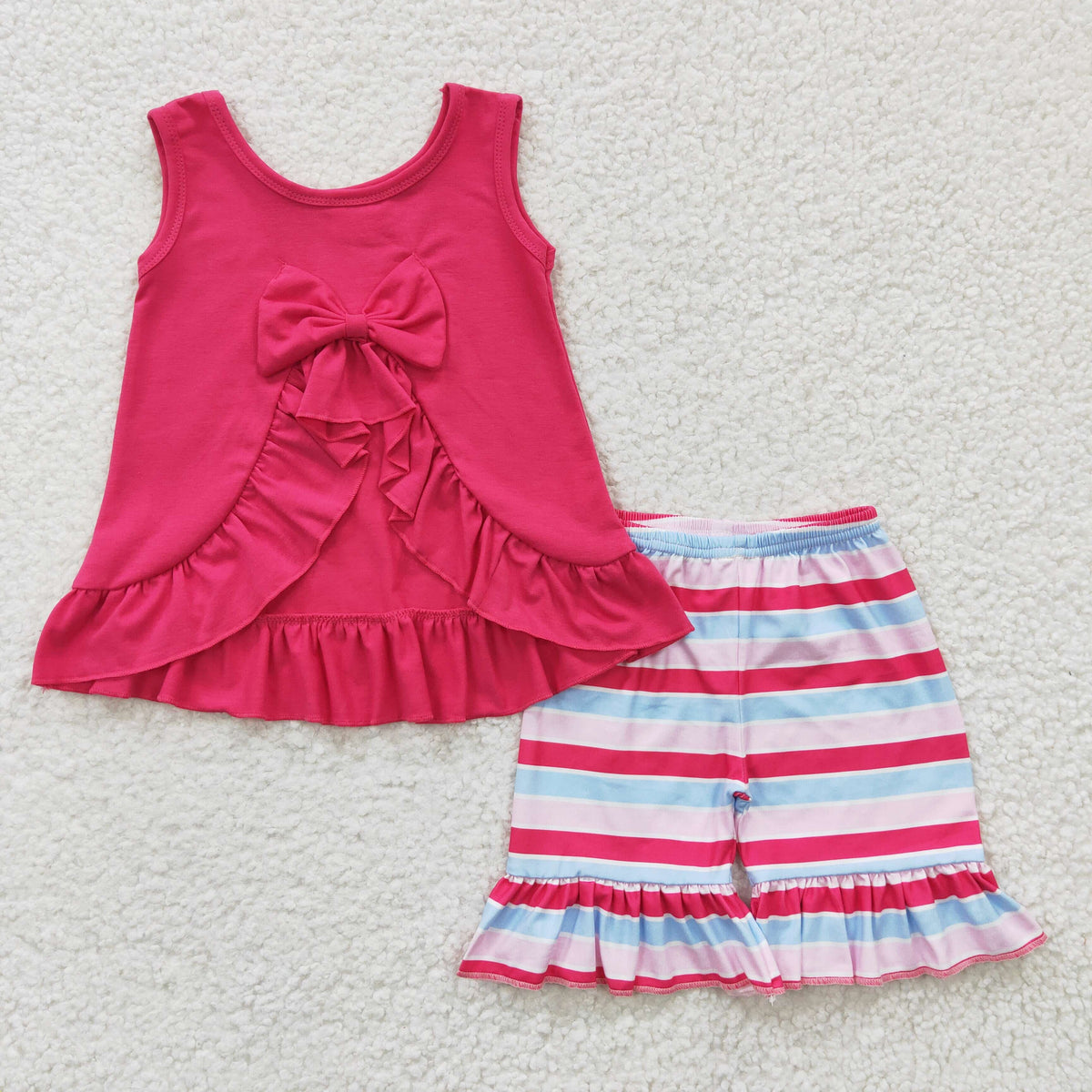 GSSO0209 Hot Pink Bow Ruffle Striped Print Shorts Summer Girls Set