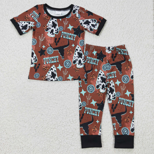 BSPO0051 Brown Western Punchy Cow Skull Boys Pajamas