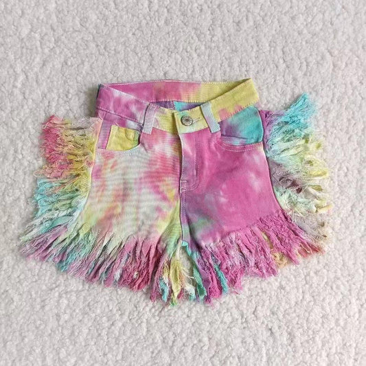 C13-20 Hot Sale Baby Girls Tie-Dye Tassels Short Denim Jeans