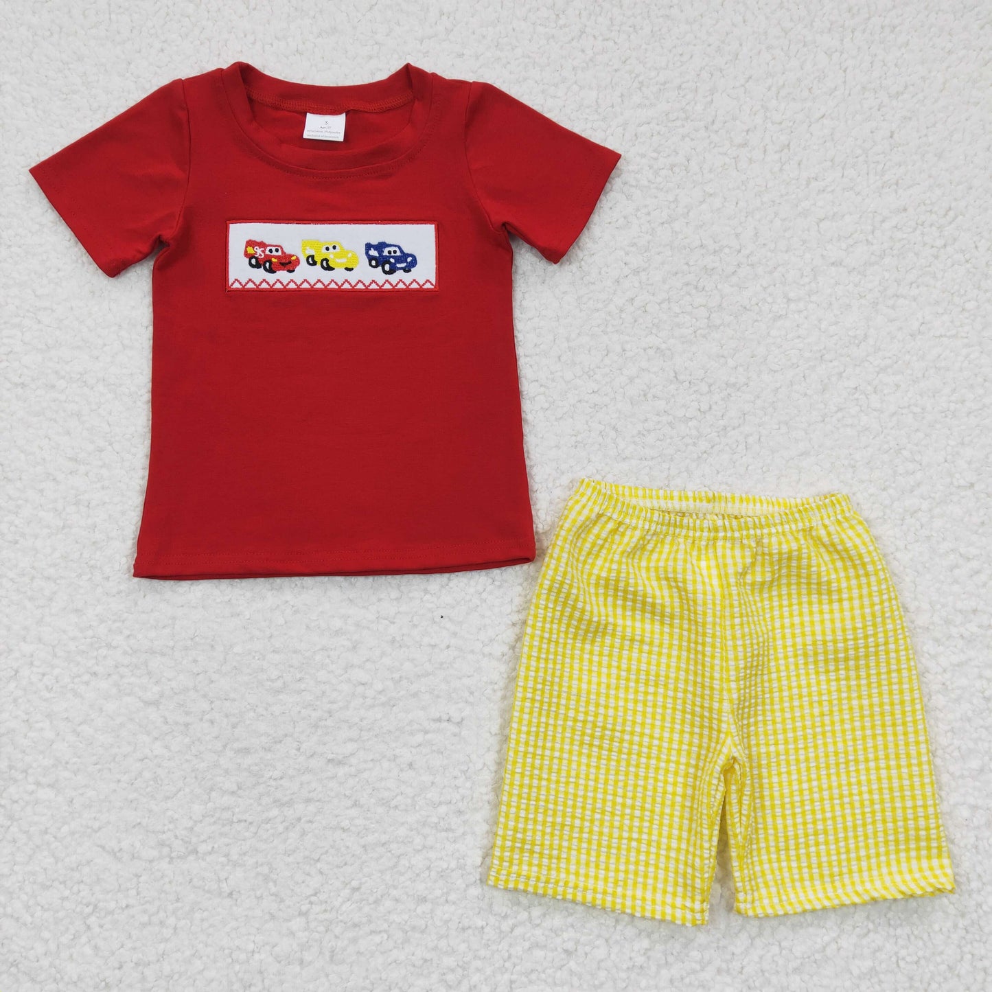 BSSO0133 Summer Short Sleeve Car Embroidery Yellow Shorts Boys Set