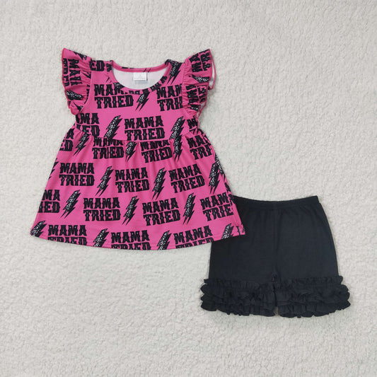 GSSO0199 Hot Pink Flutter Sleeve Mama Tried Black Shorts Girls Set