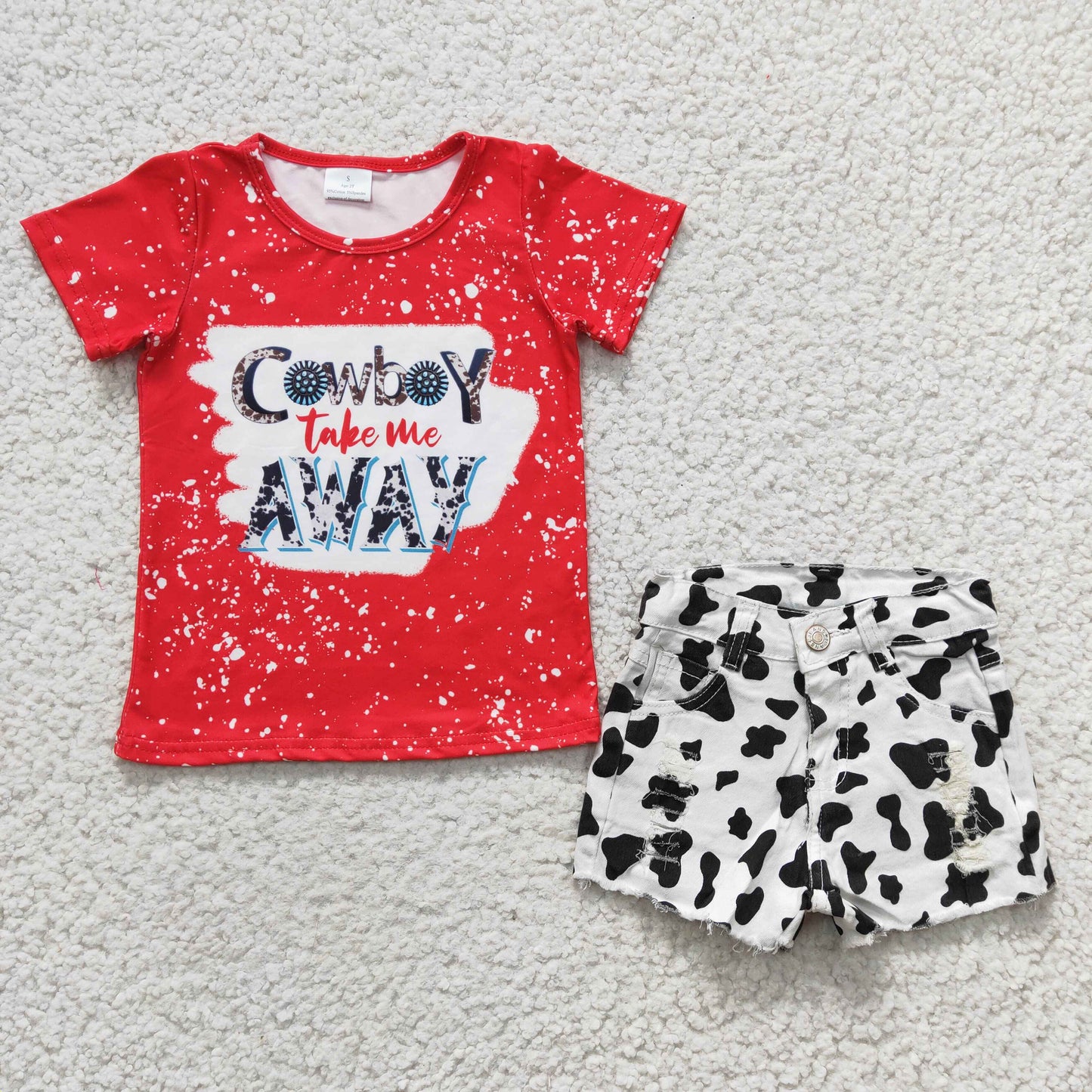 GSSO0147 Cowboy Take Me Away Red Cow Print Denim Jeans Shorts Girls Set